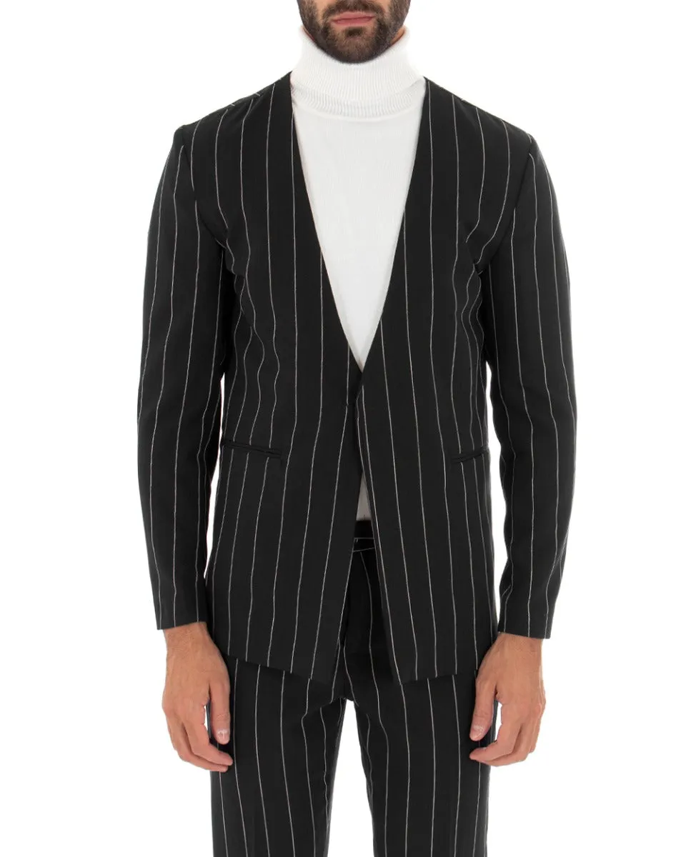 Giacca Monopetto Uomo Collo Coreano Rigata Nero Bottone Nascosto GIOSAL-G2733A