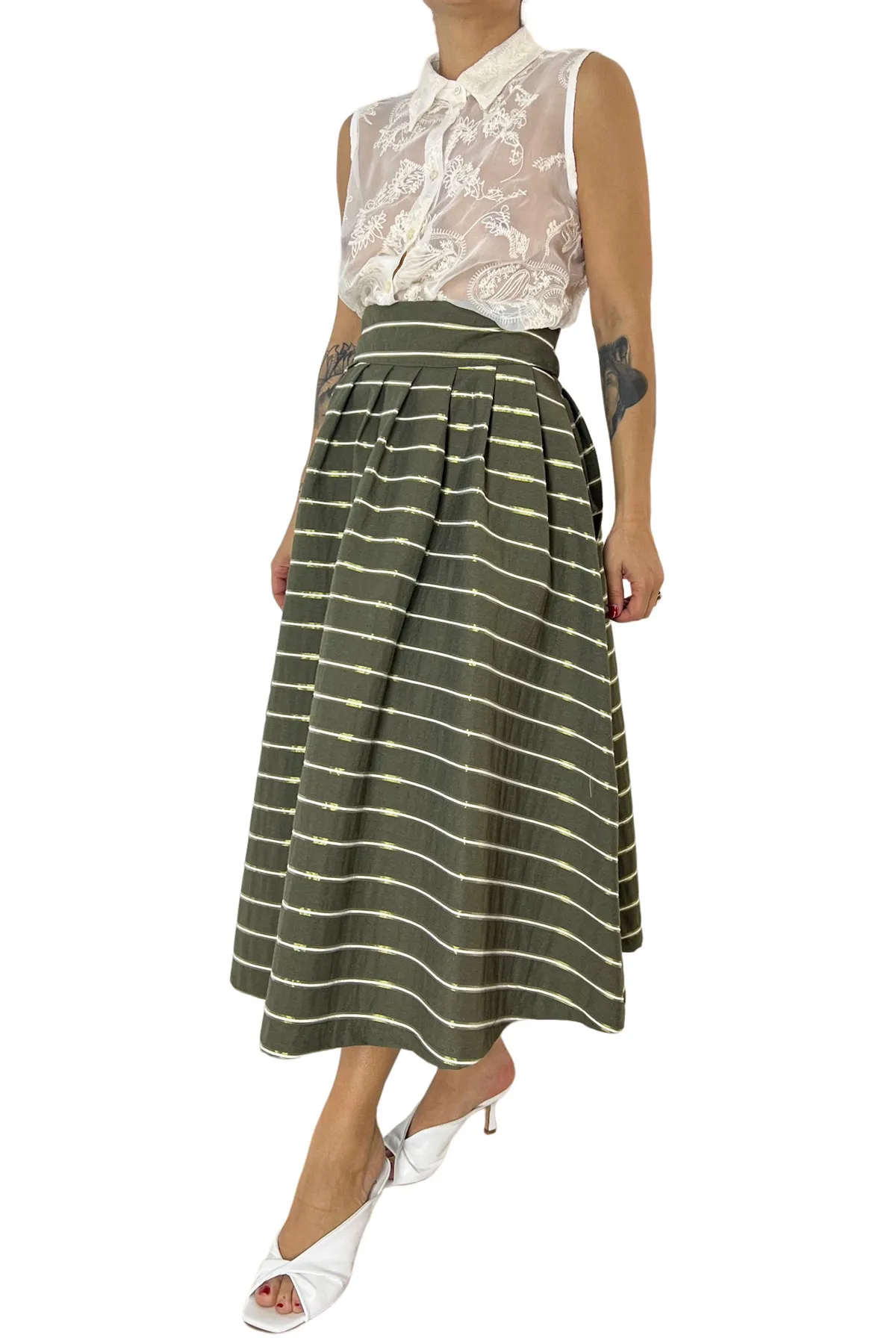 Gonna donna vita alta lunghezza midi fantasia riga in cotone rigido chiusura zip a scomparsa lato