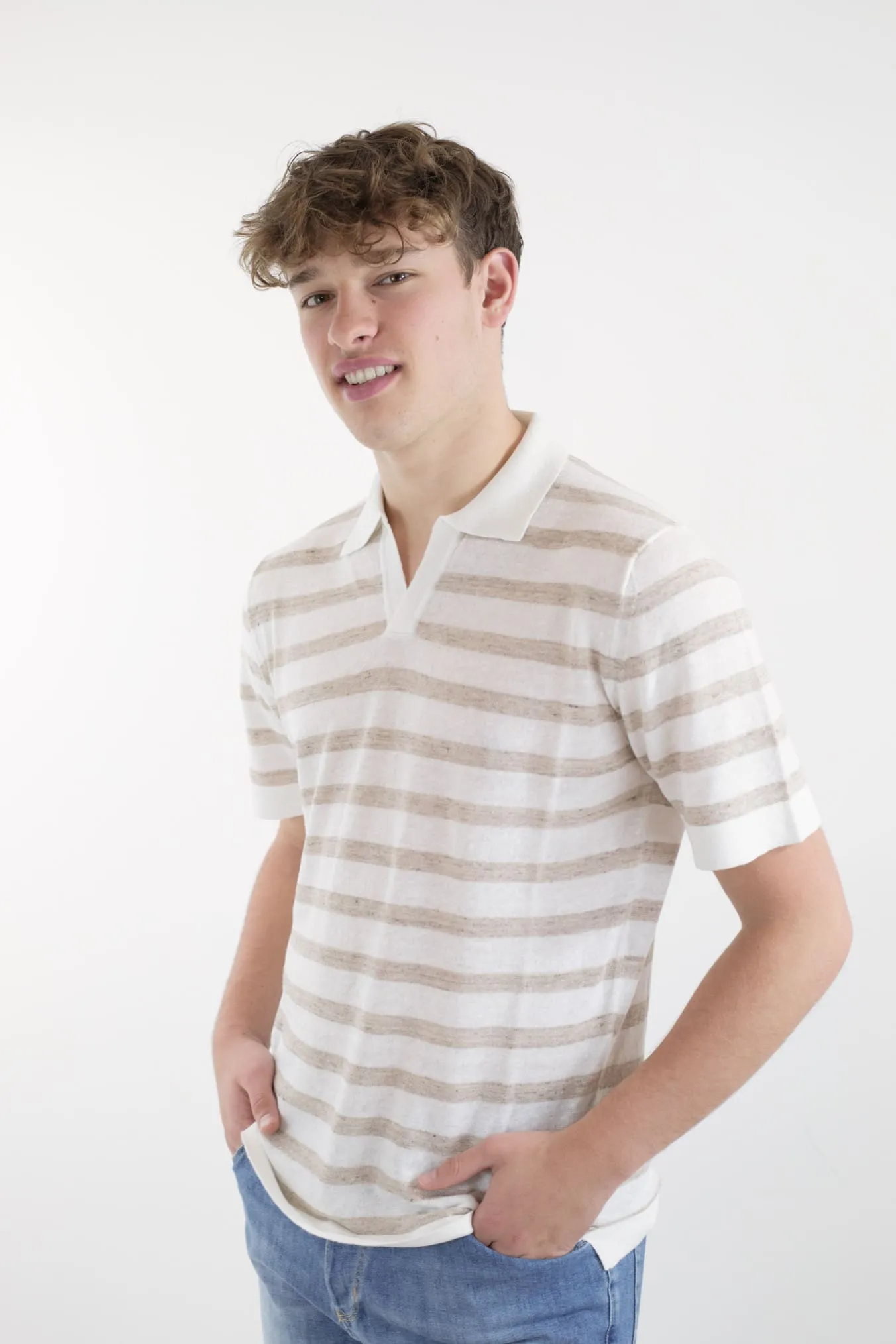 GUARINO Polo Skipper MM Lino e Cotone Righe Bianco e Beige