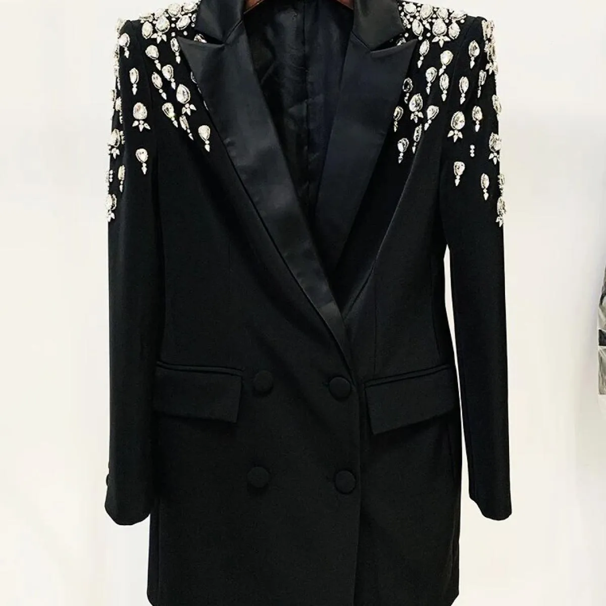 High Street Newest 2023 Designer Jacket Abito da giacca lungo da donna con strass doppio petto e perline
