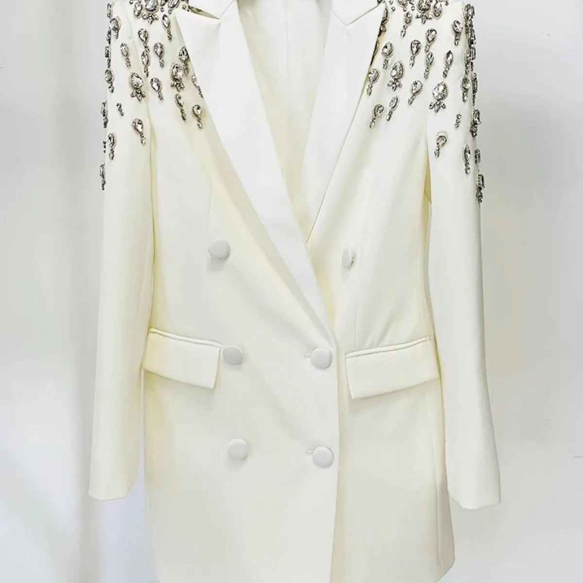 High Street Newest 2023 Designer Jacket Abito da giacca lungo da donna con strass doppio petto e perline