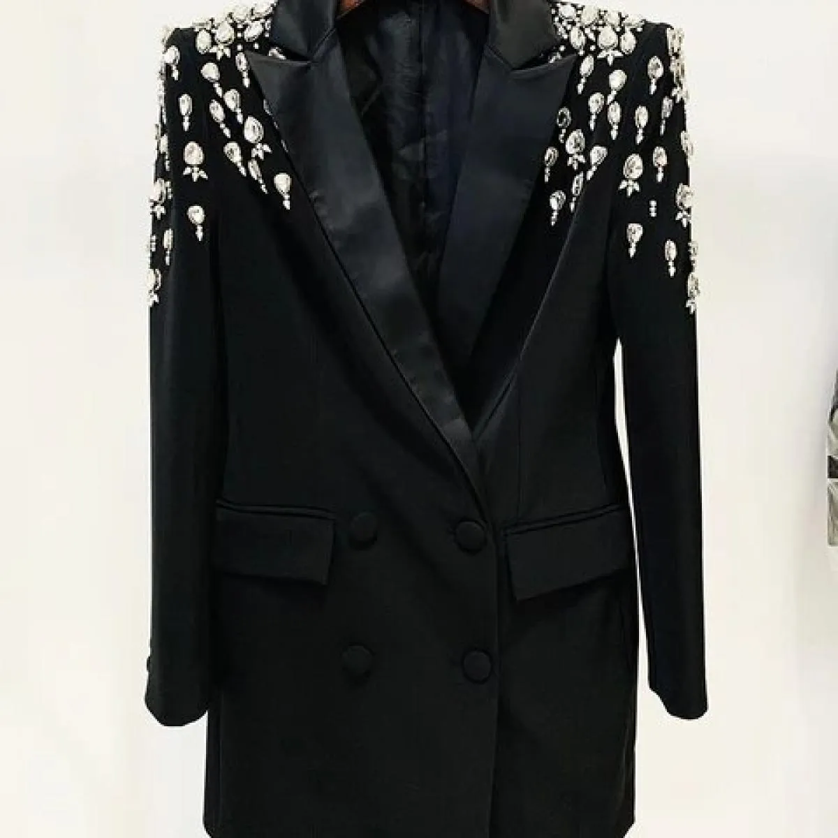 High Street Newest 2023 Designer Jacket Abito da giacca lungo da donna con strass doppio petto e perline