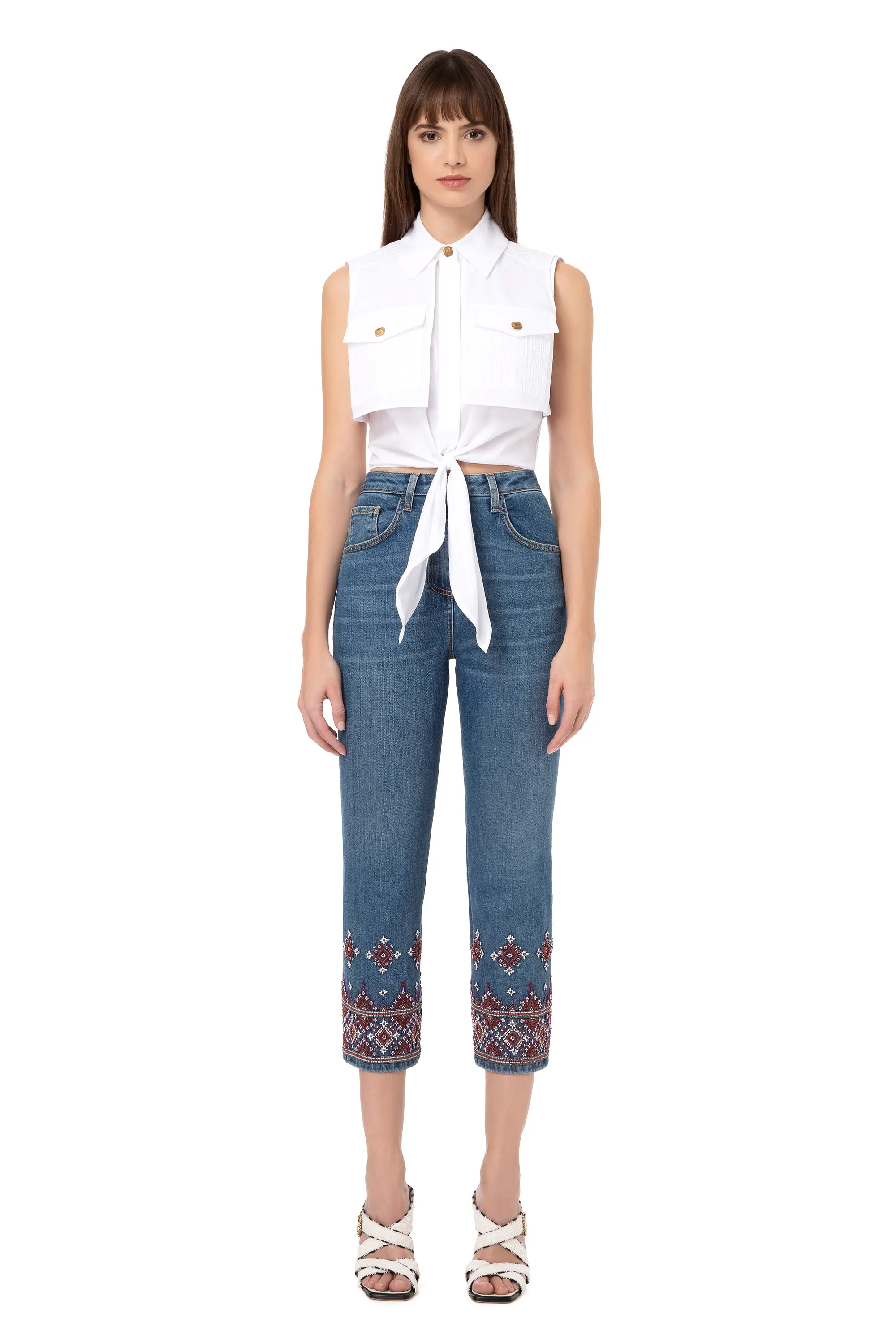 Jeans cinque tasche con ricamo etnico