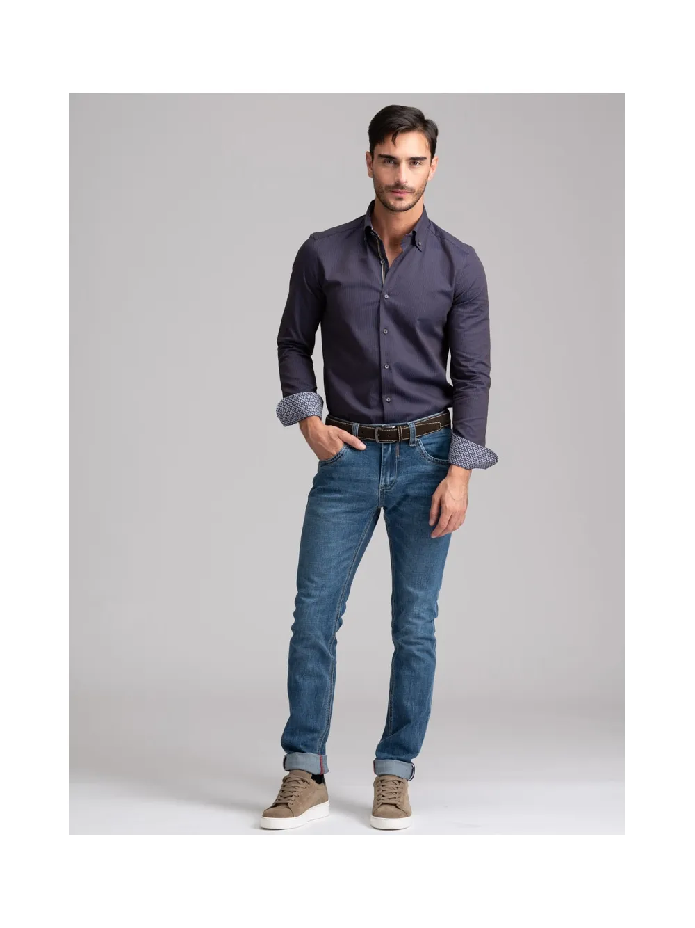 Jeans uomo cinque tasche denim medio con bordo cimosato