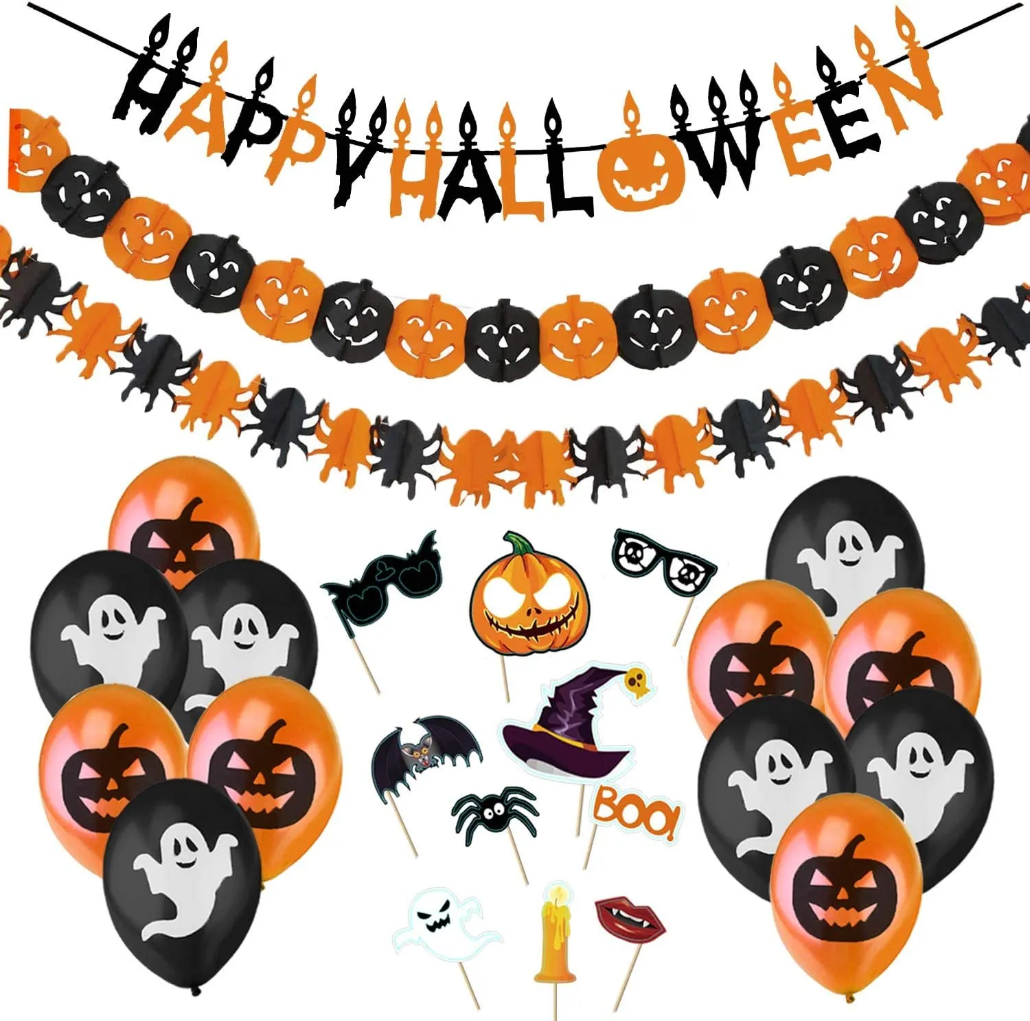 Jonami Decorazioni Halloween Casa - Festone Happy Halloween, Ghirlande di Zucche e Ragni, Foto Booth Props Halloween e Palloncin