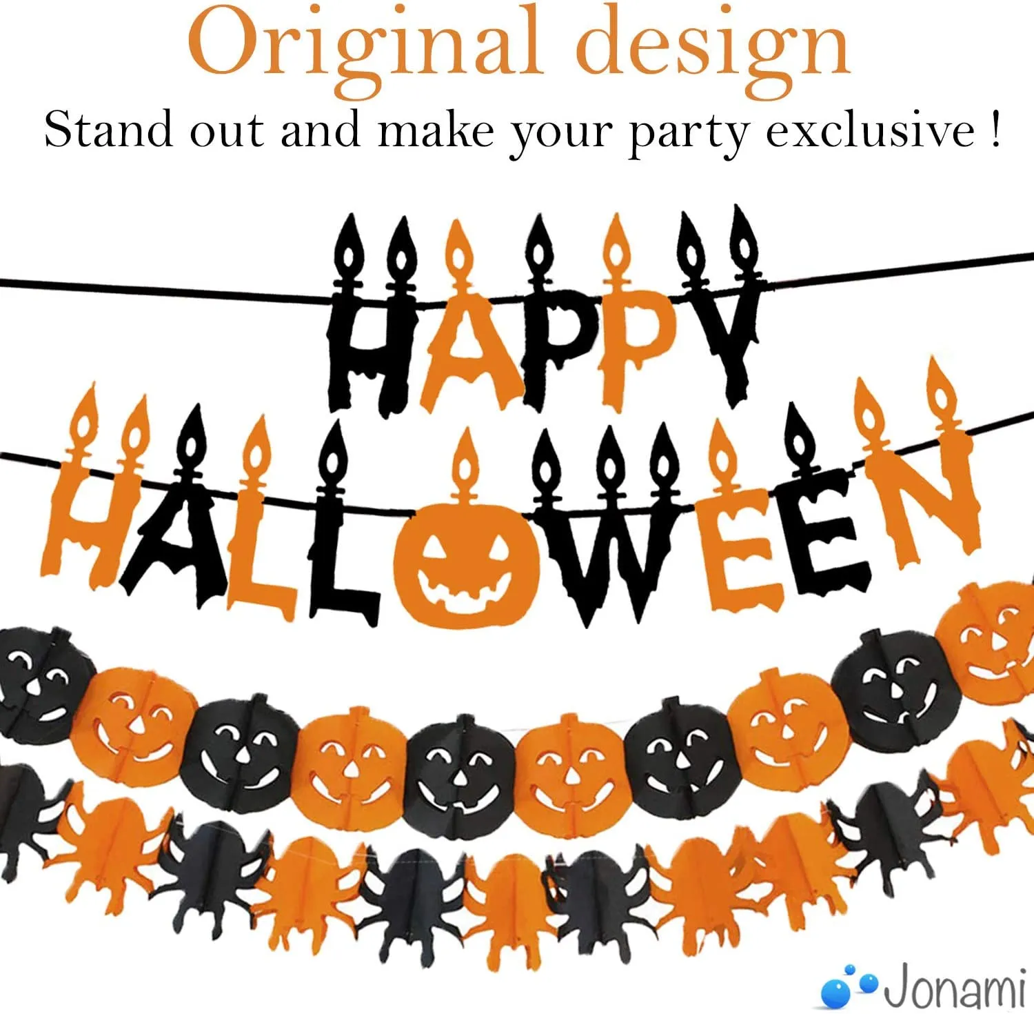 Jonami Decorazioni Halloween Casa - Festone Happy Halloween, Ghirlande di Zucche e Ragni, Foto Booth Props Halloween e Palloncin