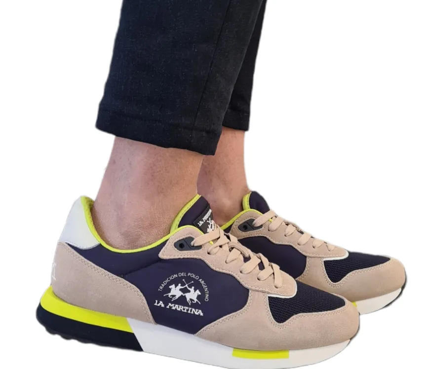 La Martina sneakers fondo gomma 3 cm camoscio e tessuto beige-blu Rif.19