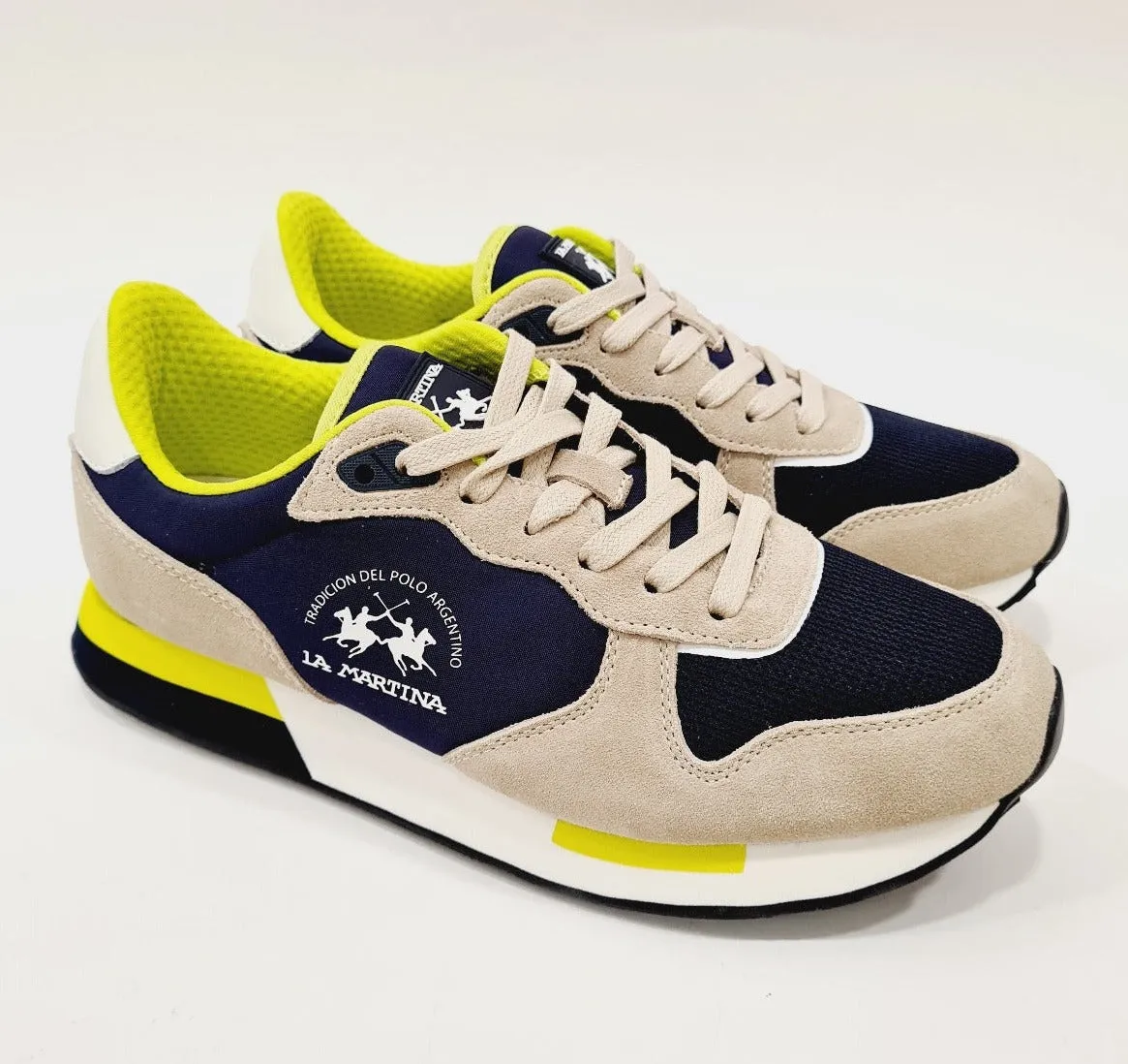 La Martina sneakers fondo gomma 3 cm camoscio e tessuto beige-blu Rif.19