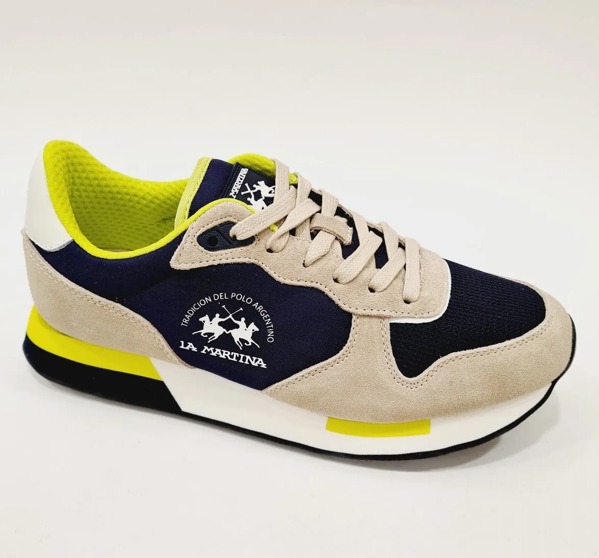 La Martina sneakers fondo gomma 3 cm camoscio e tessuto beige-blu Rif.19