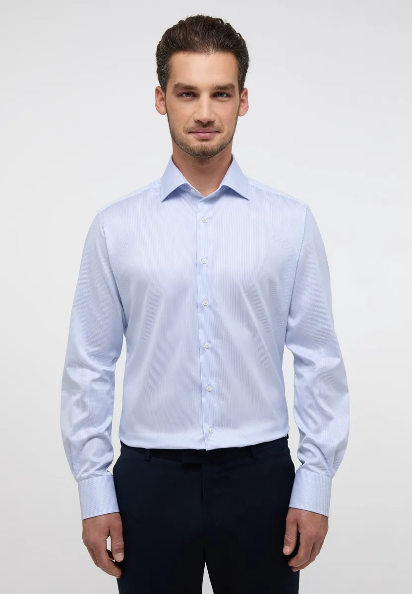 Light blue eterna modern fit striped shirt in non-iron twill cotton