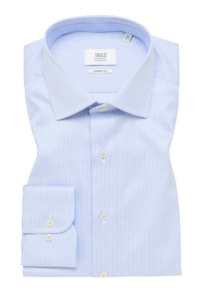 Light blue eterna modern fit striped shirt in non-iron twill cotton