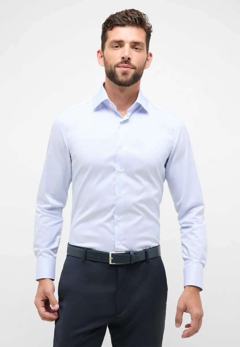 Light blue eterna slim-fit striped shirt in non-iron twill cotton