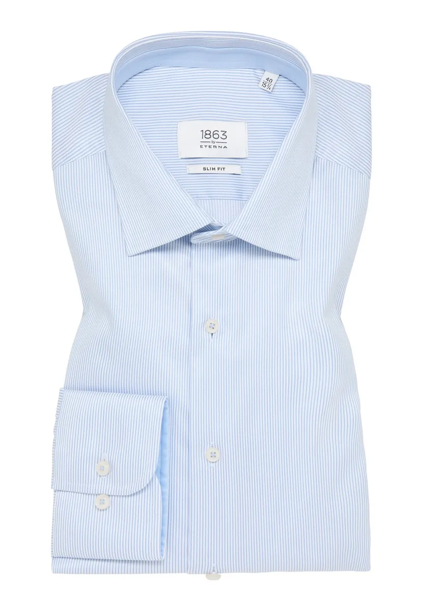 Light blue eterna slim-fit striped shirt in non-iron twill cotton