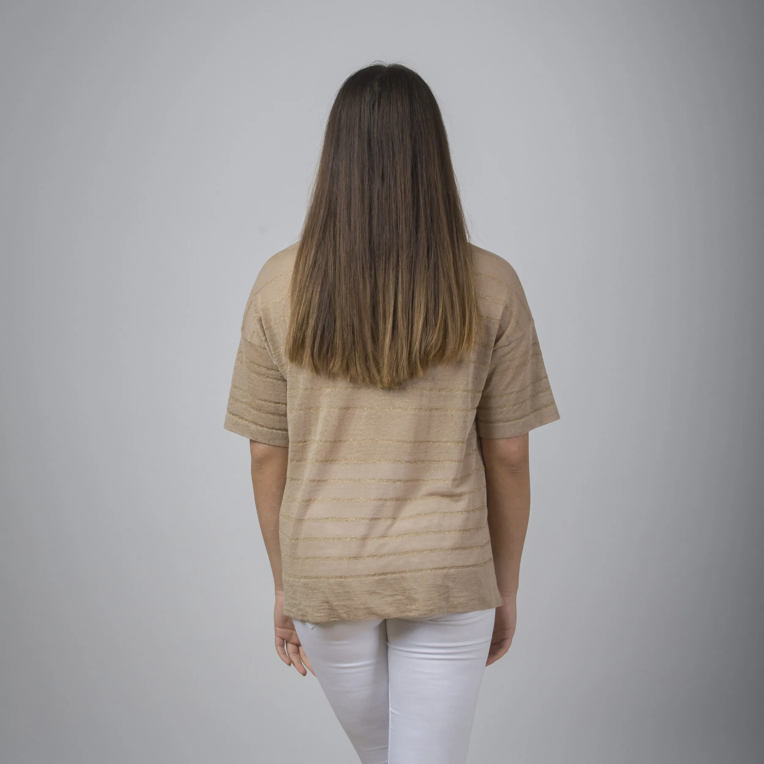 Maglia in lino a manica corta con righe oro