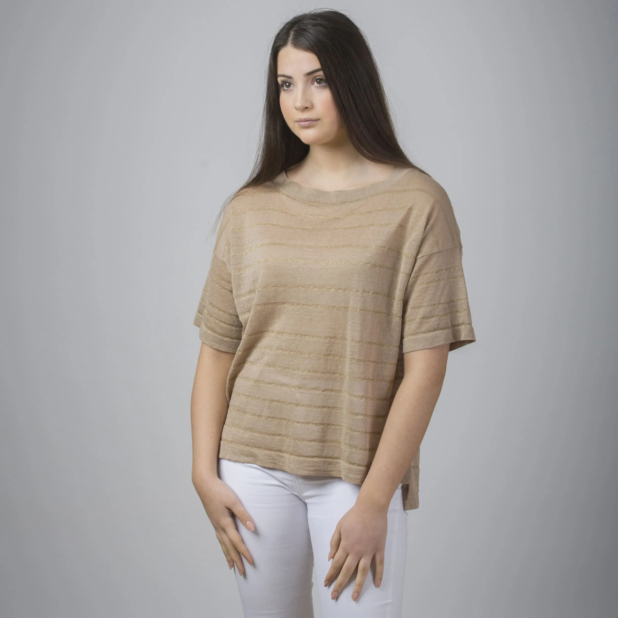Maglia in lino a manica corta con righe oro