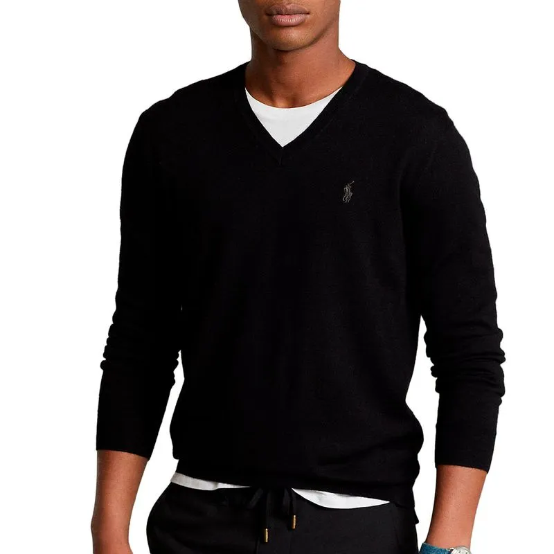 Maglione a V nero in lana merino lavabile 
