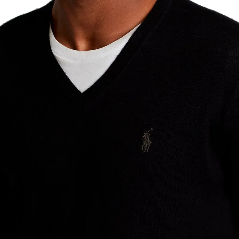 Maglione a V nero in lana merino lavabile 