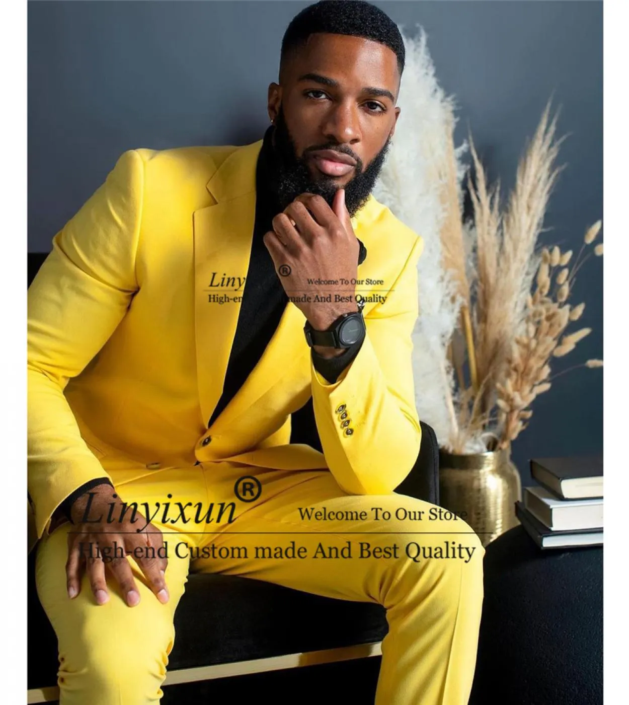 Moda uomo giallo Abiti 2 pezzi Set giacca formale da lavoro Slim Fit Wedding Groom Tuxedo Groomsmen Jacket Pants Terno M