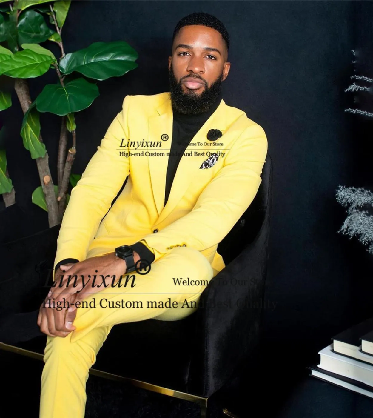 Moda uomo giallo Abiti 2 pezzi Set giacca formale da lavoro Slim Fit Wedding Groom Tuxedo Groomsmen Jacket Pants Terno M