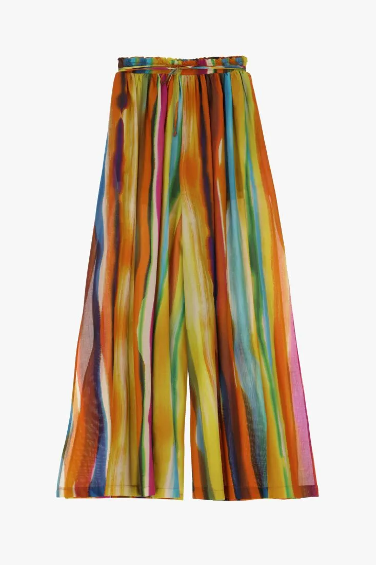 Pantaloni a palazzo fantasia astratta con coulisse e spacchi