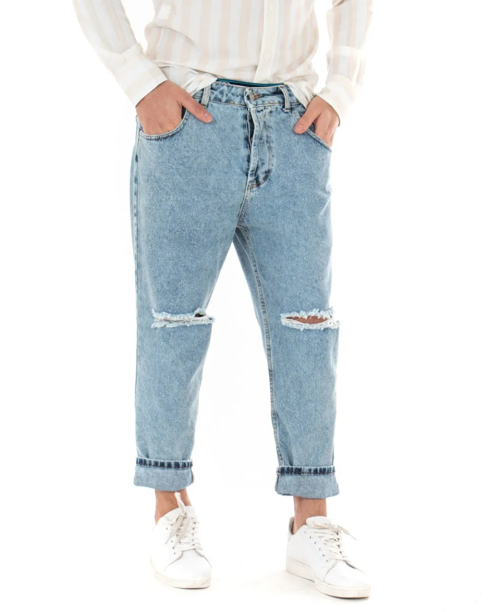 Pantaloni Jeans Uomo Loose Fit Denim Chiaro Cinque Tasche Taglio Al Ginocchio GIOSAL-P3686A