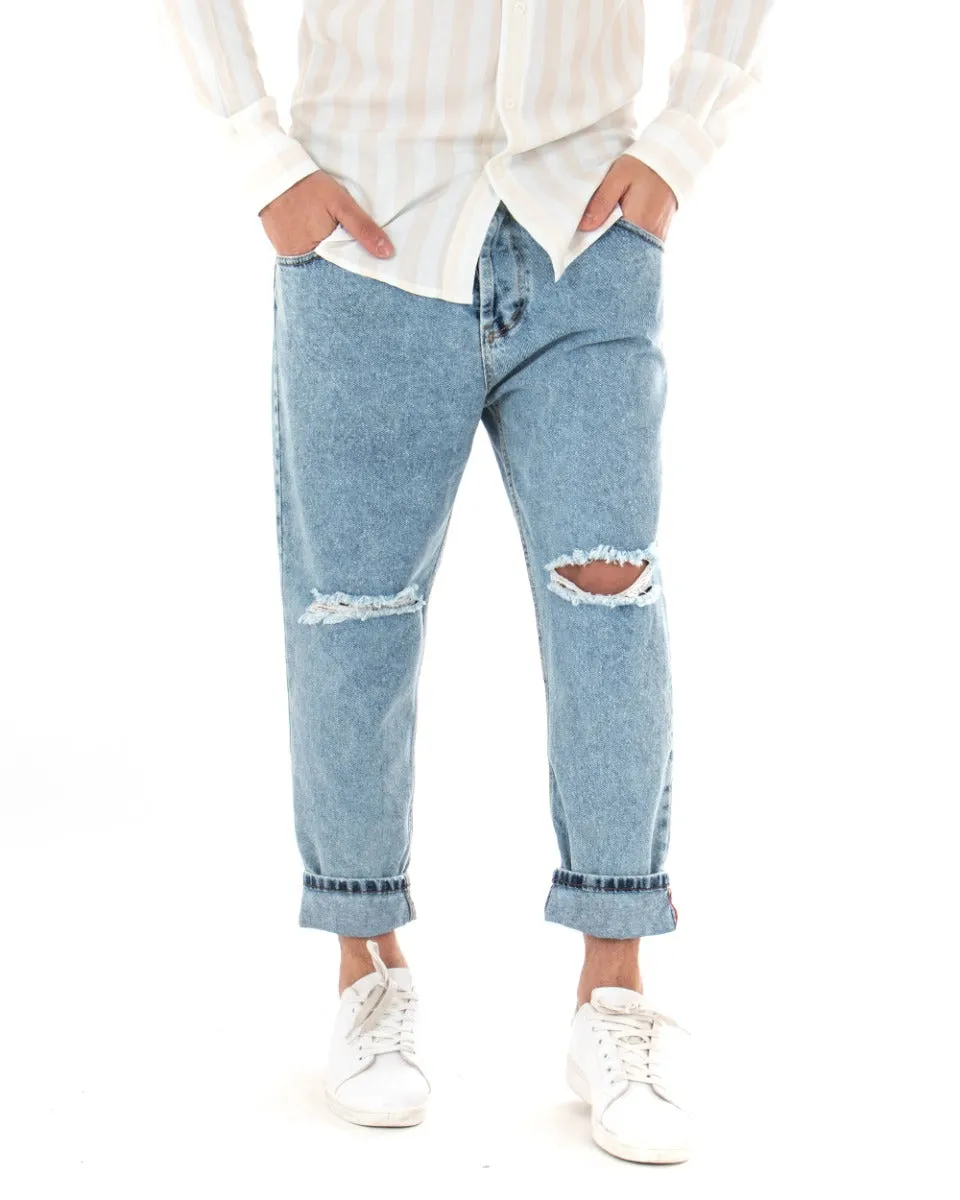 Pantaloni Jeans Uomo Loose Fit Denim Chiaro Cinque Tasche Taglio Al Ginocchio GIOSAL-P3686A