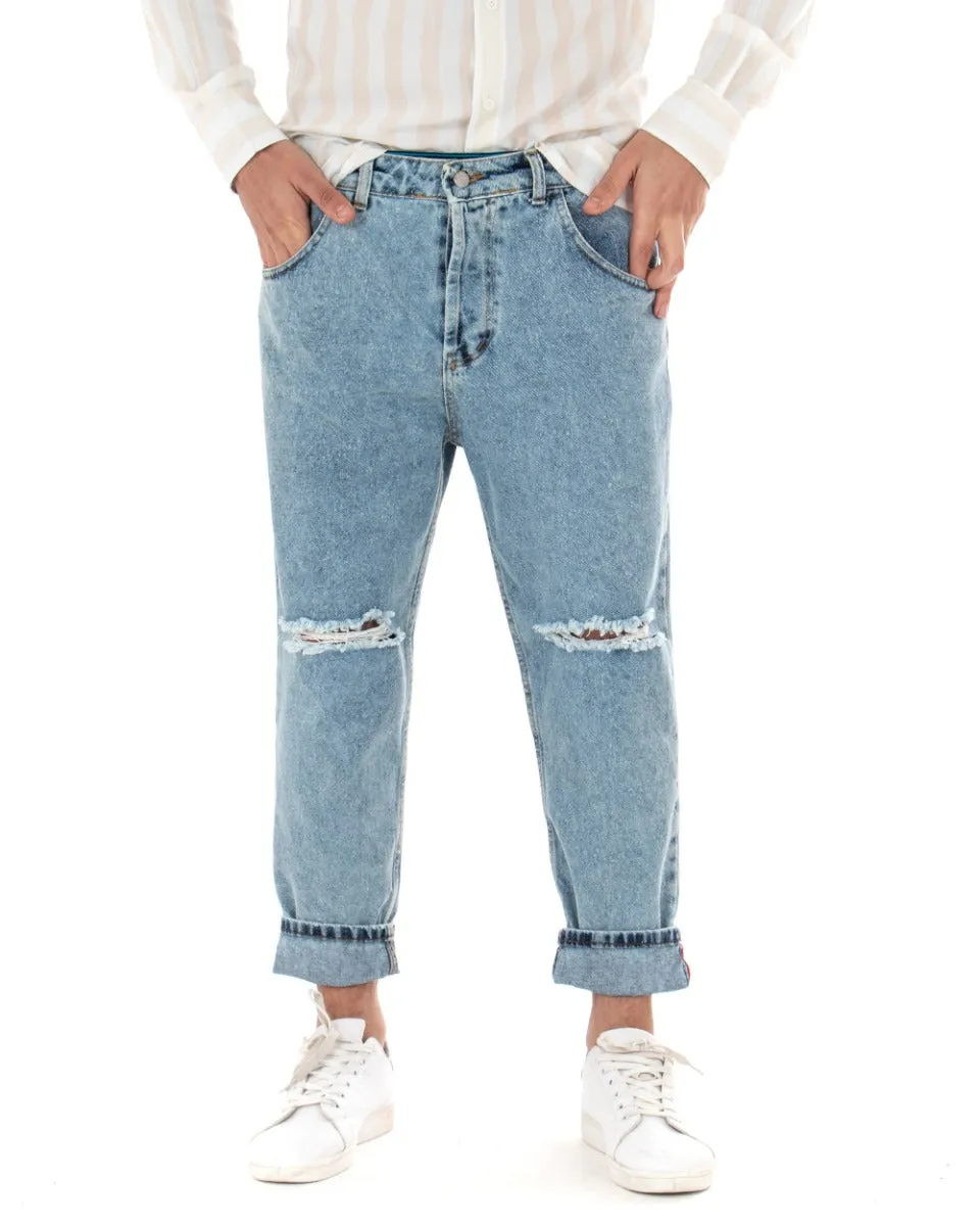 Pantaloni Jeans Uomo Loose Fit Denim Chiaro Cinque Tasche Taglio Al Ginocchio GIOSAL-P3686A