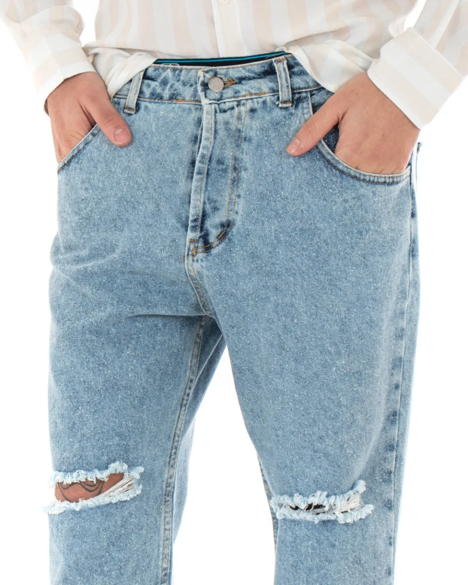 Pantaloni Jeans Uomo Loose Fit Denim Chiaro Cinque Tasche Taglio Al Ginocchio GIOSAL-P3686A