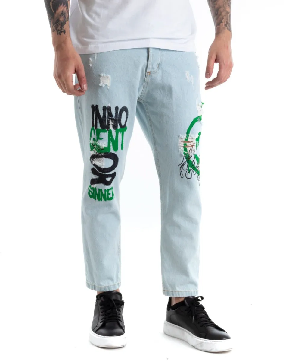 Pantaloni Jeans Uomo Regular Fit Denim Chiaro Con Stampe Cinque Tasche GIOSAL-P5292A