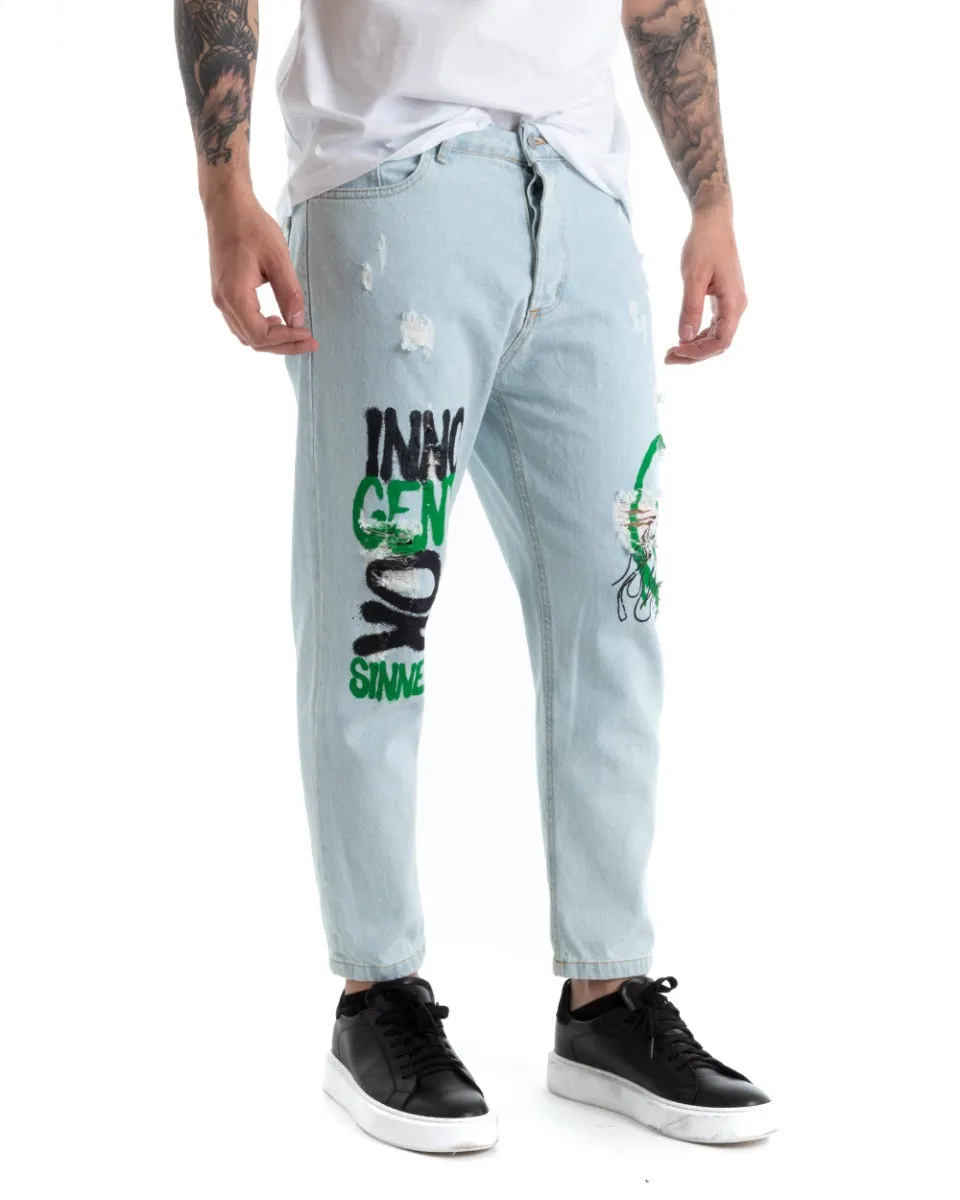 Pantaloni Jeans Uomo Regular Fit Denim Chiaro Con Stampe Cinque Tasche GIOSAL-P5292A