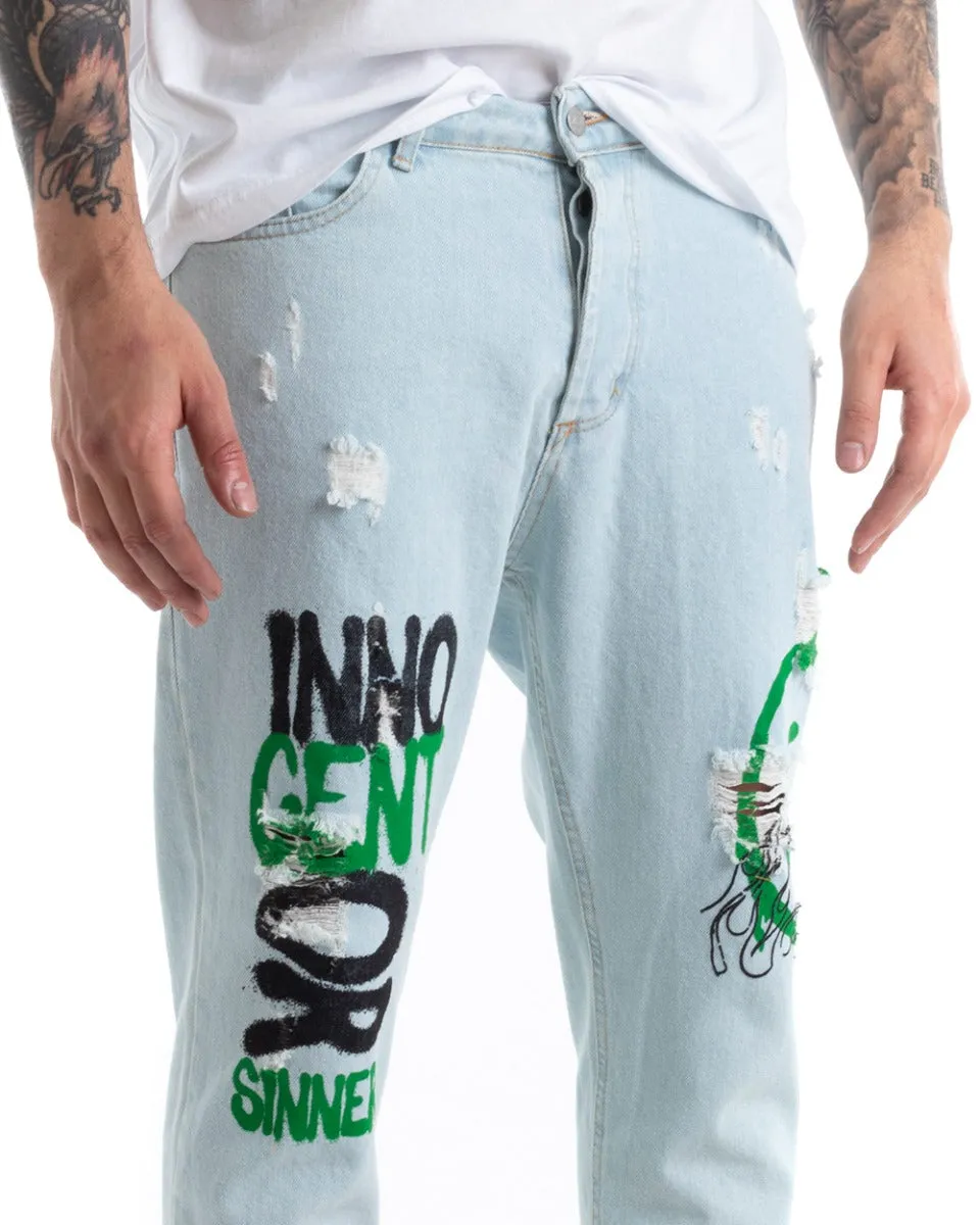 Pantaloni Jeans Uomo Regular Fit Denim Chiaro Con Stampe Cinque Tasche GIOSAL-P5292A