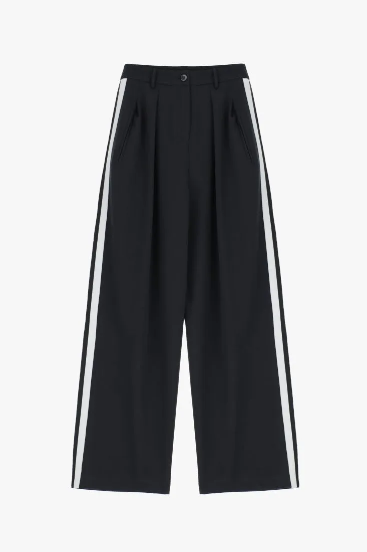 Pantaloni straight monocolour con strisce a contrasto e pinces
