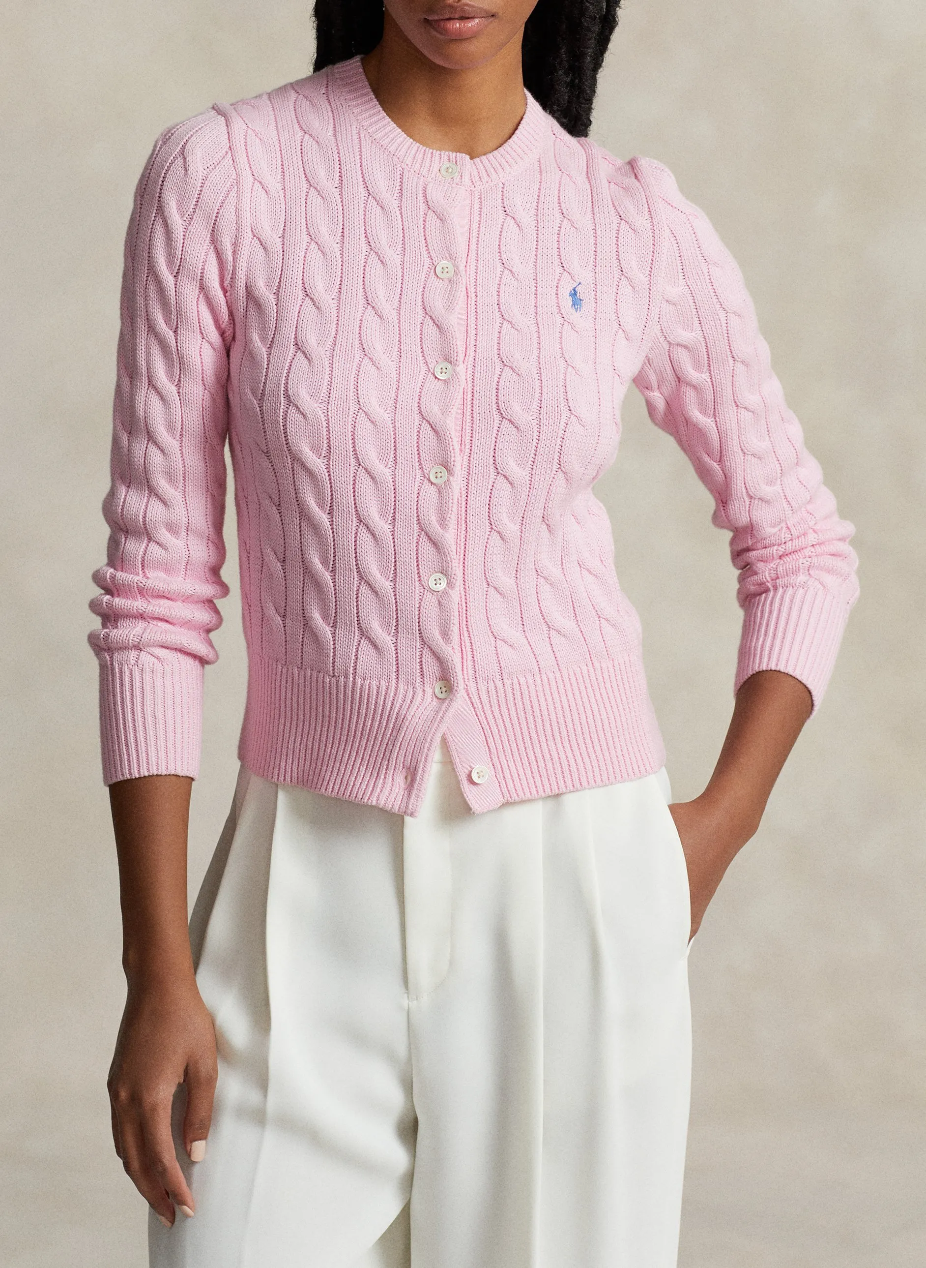  POLO RALPH LAUREN   Cardigan scollo tondo ricamato in cotone | Rosa