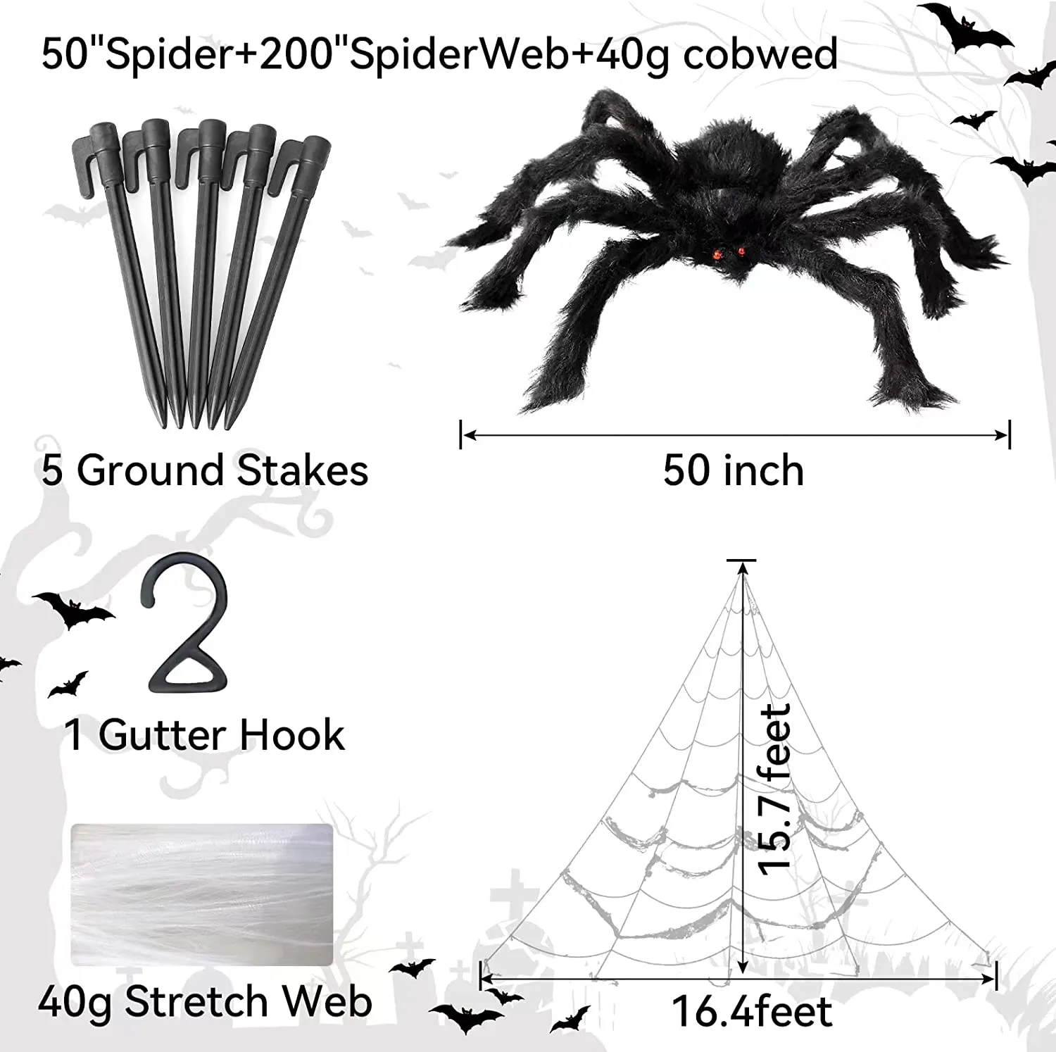 Ragnatela per Halloween, 5 m, motivo triangolare, ragnatela gigante, 125 cm, accessori per feste di Halloween, con ragnatela sup