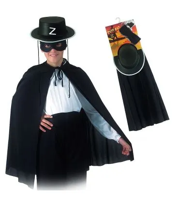 Set cavaliere nero (cappello,mantello,maschera, fusciacca)