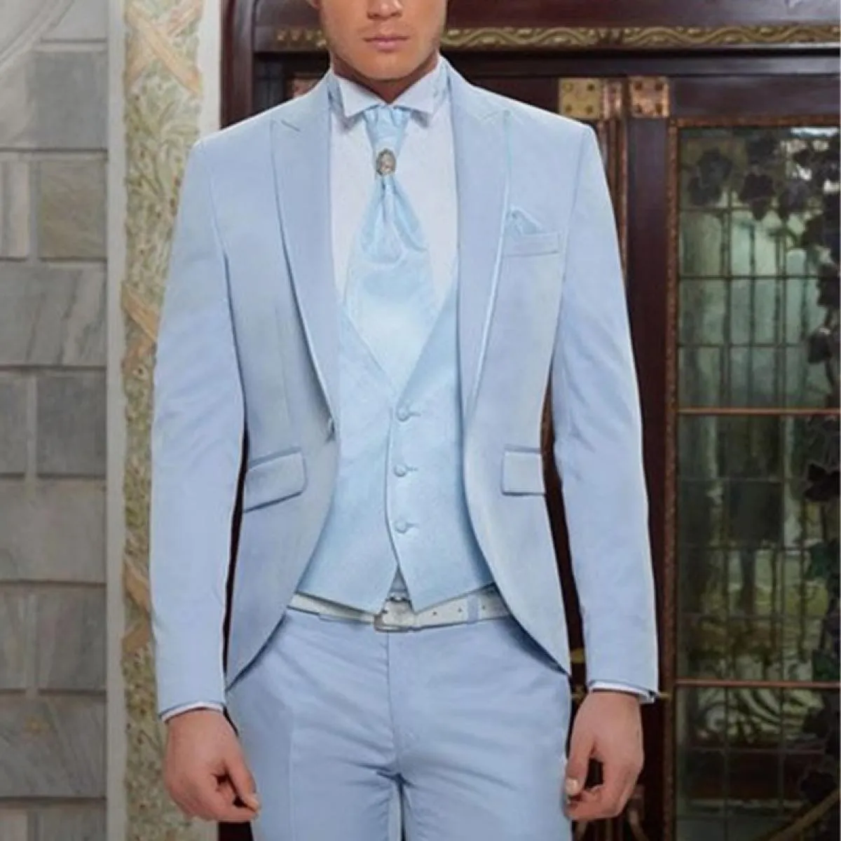 Smoking da sposo azzurro per matrimonio con risvolto a punta 3 pezzi slim fit da uomo per giacca da cena con pantaloni