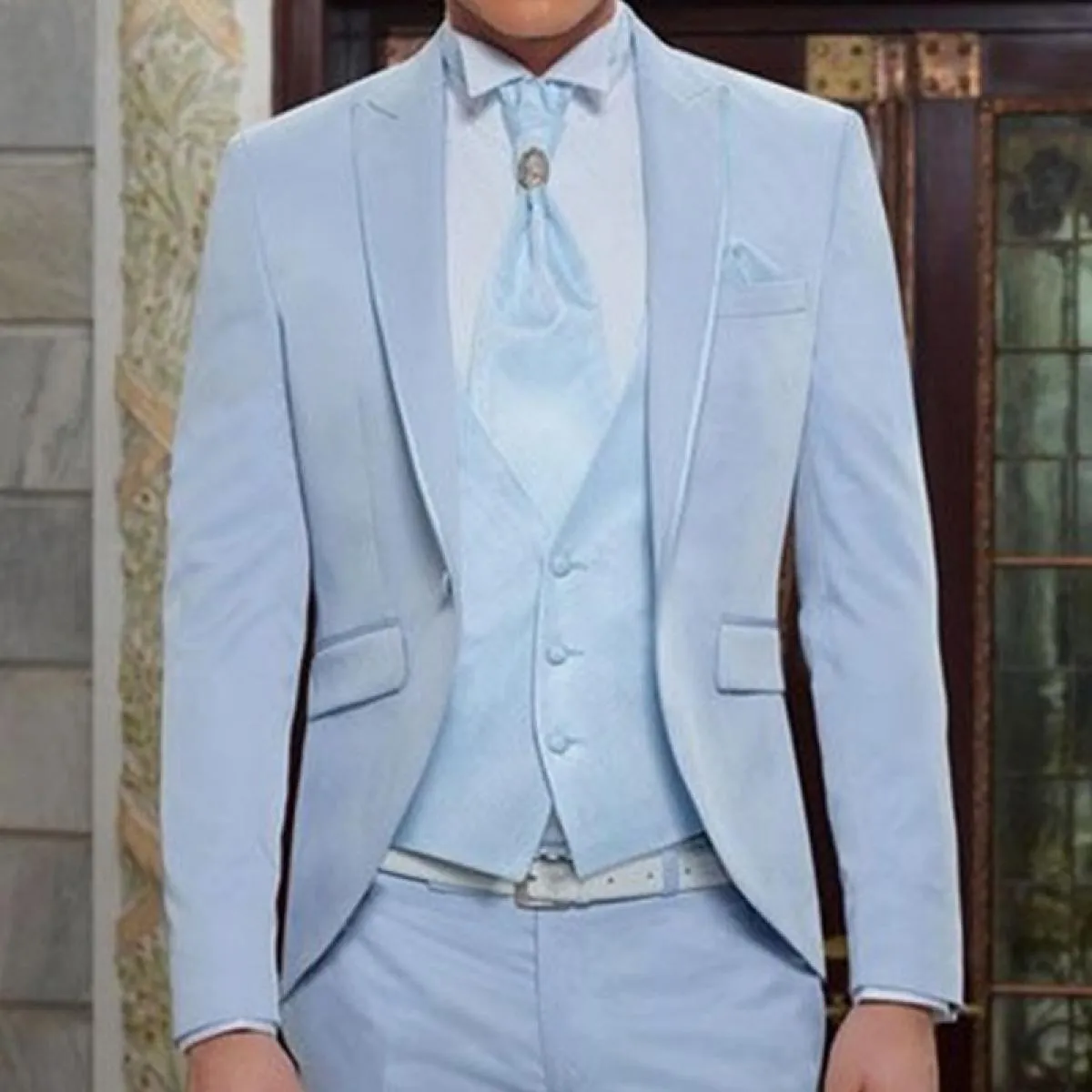 Smoking da sposo azzurro per matrimonio con risvolto a punta 3 pezzi slim fit da uomo per giacca da cena con pantaloni