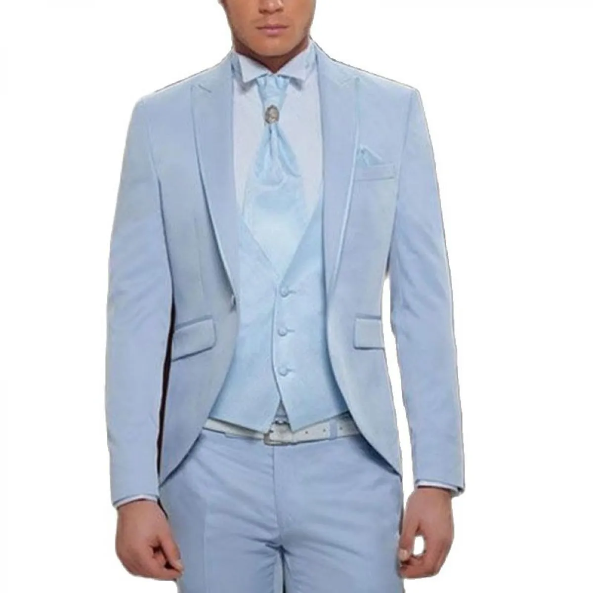 Smoking da sposo azzurro per matrimonio con risvolto a punta 3 pezzi slim fit da uomo per giacca da cena con pantaloni