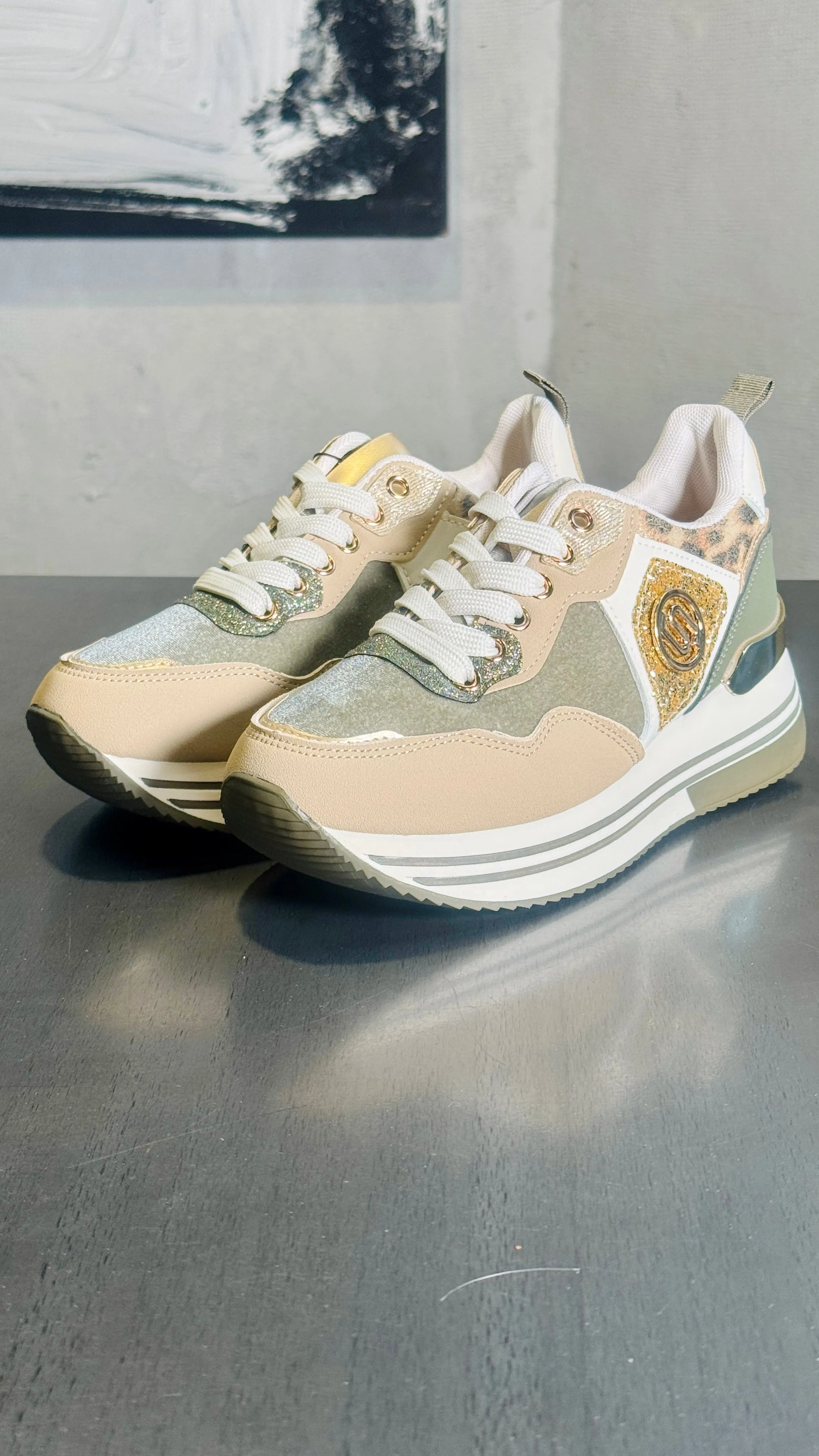 Sneakers con platform inserti verde militare beige e animalier 166