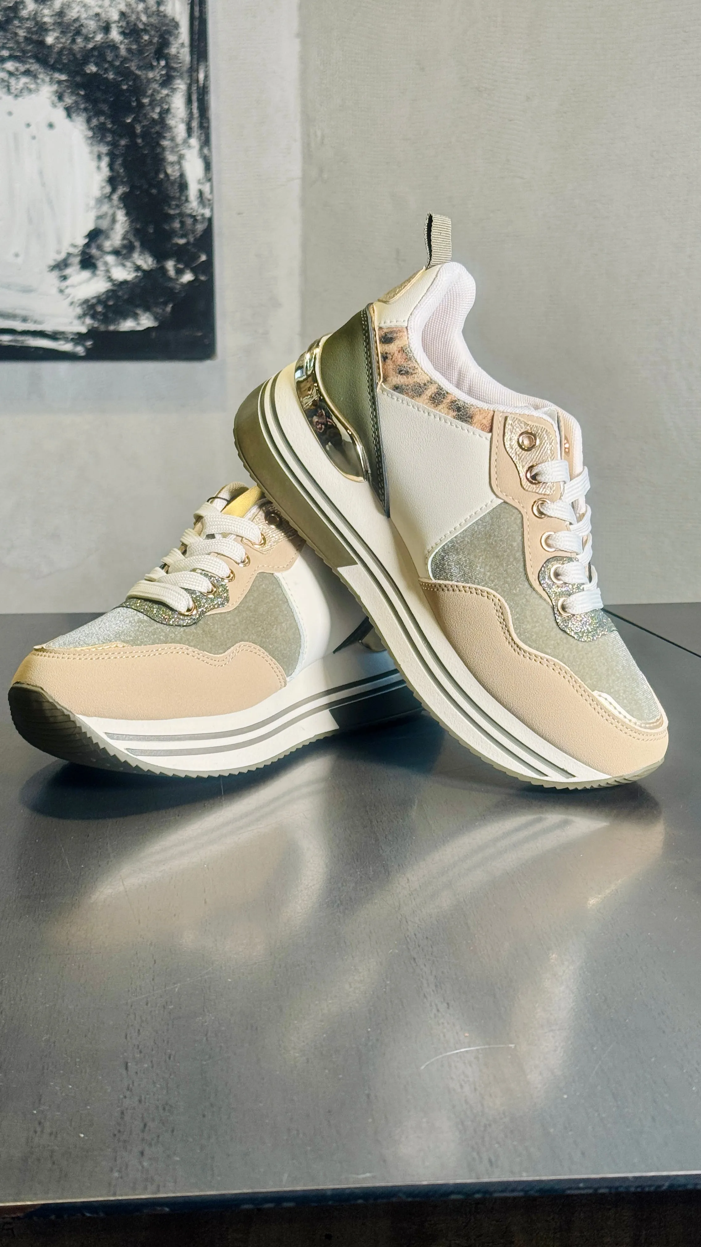 Sneakers con platform inserti verde militare beige e animalier 166