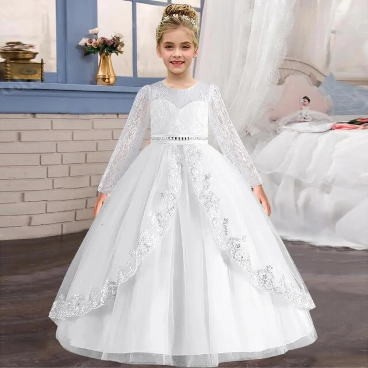 Splendido nuovo abito da sposa lungo Natale per ragazza spettacolo Abito da principessa maglia manica lunga autunno abbigliament