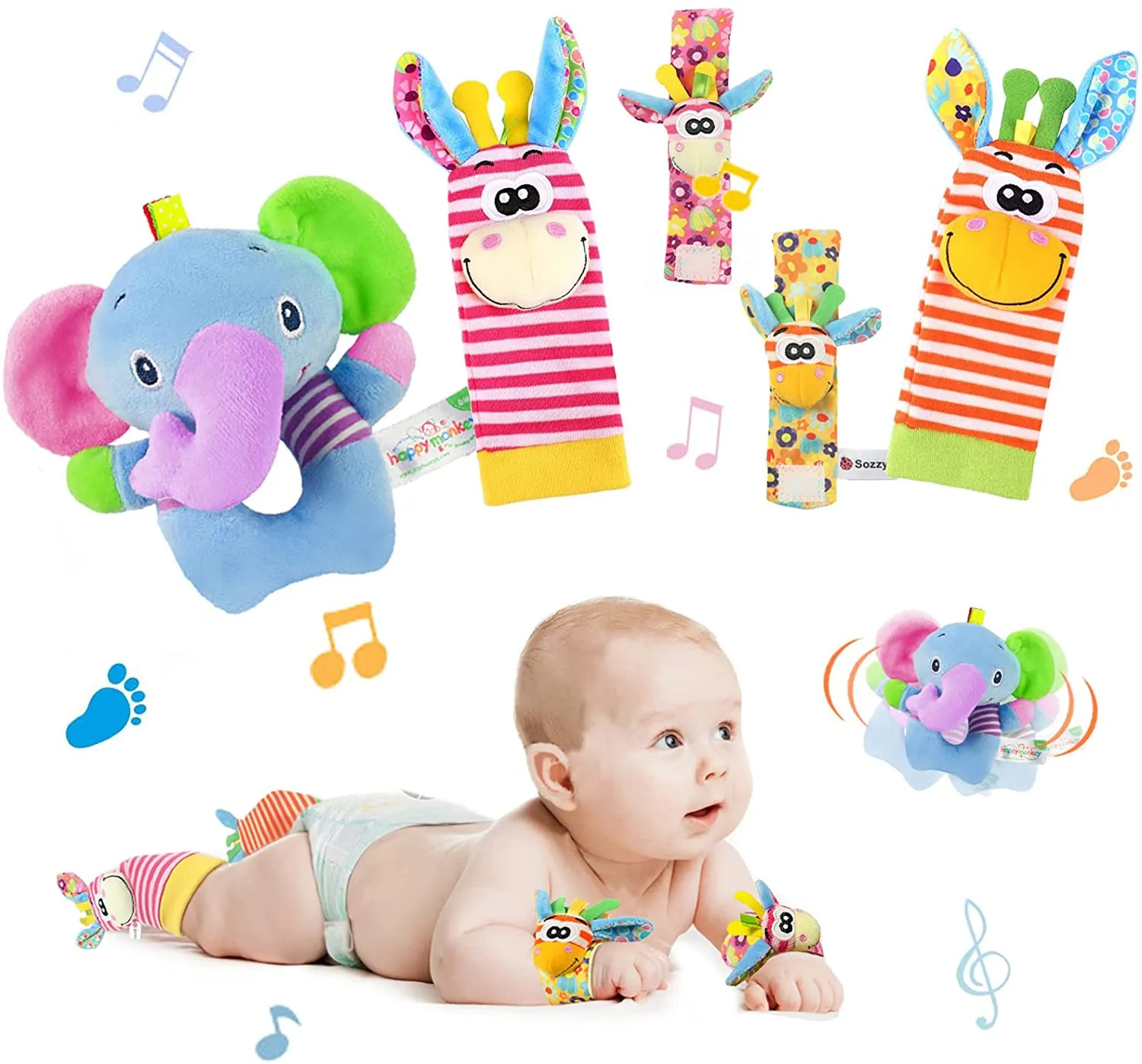 Synchain Baby Rattle Toy Neonato, 5 Pack Neonato Sonagli Calzini Polso,Simpatici Animaletti Developmental Soft Toys Bambole per 