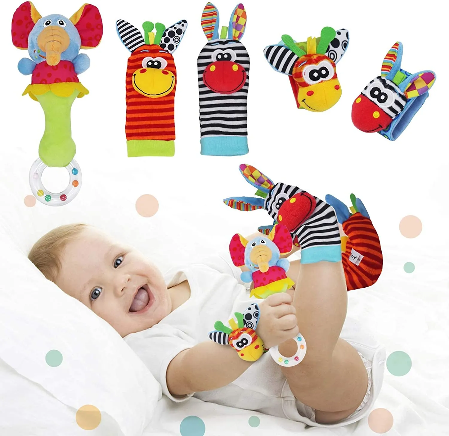 Synchain Baby Rattle Toy Neonato, 5 Pack Neonato Sonagli Calzini Polso,Simpatici Animaletti Developmental Soft Toys Bambole per 