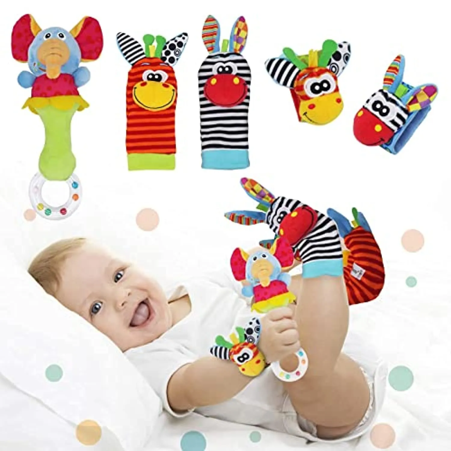 Synchain Baby Rattle Toy Neonato, 5 Pack Neonato Sonagli Calzini Polso,Simpatici Animaletti Developmental Soft Toys Bambole per 