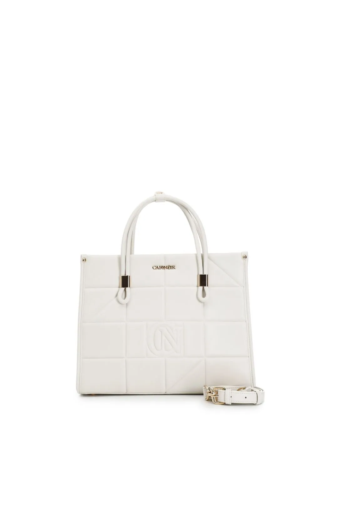 tote bag con pannello di quadrati in rilievo panna