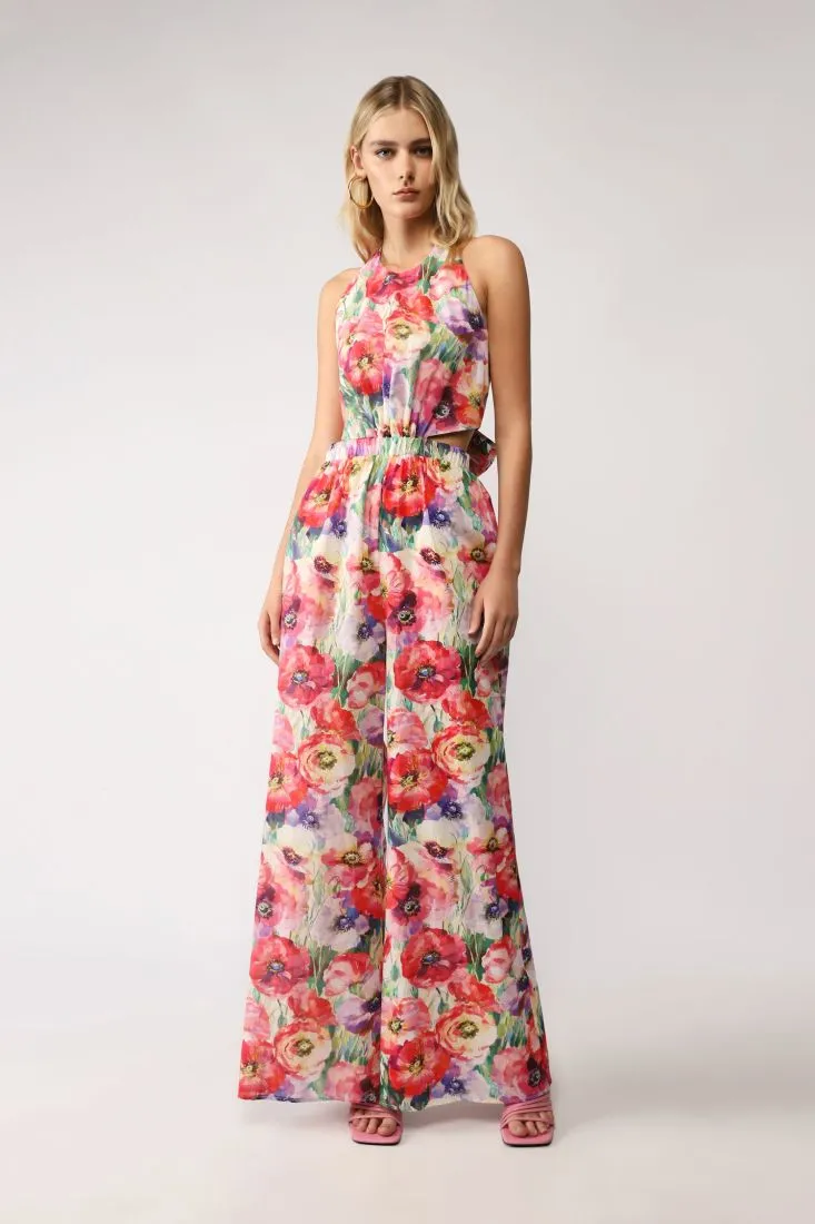 Tuta fantasia floreale con allacciatura al collo e cut-out