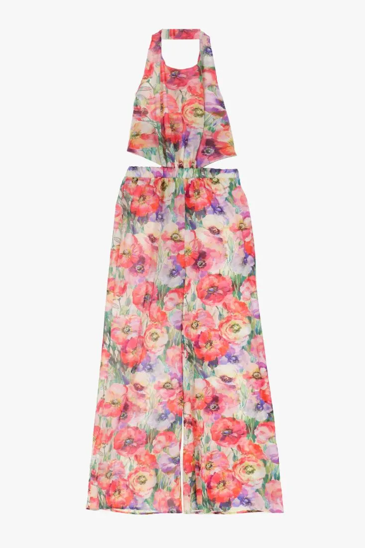 Tuta fantasia floreale con allacciatura al collo e cut-out