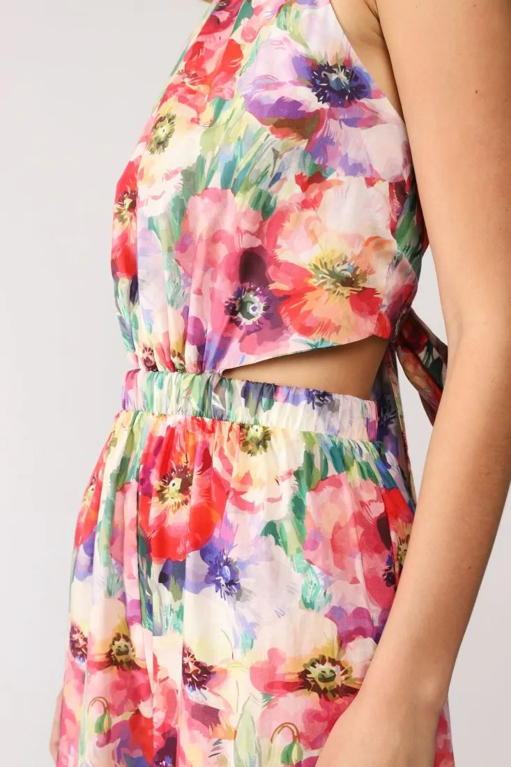 Tuta fantasia floreale con allacciatura al collo e cut-out